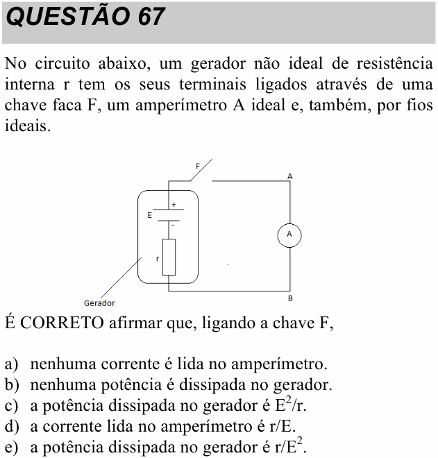 Enunciado da questão 67 de Física do UNITAU 2020 (verão)