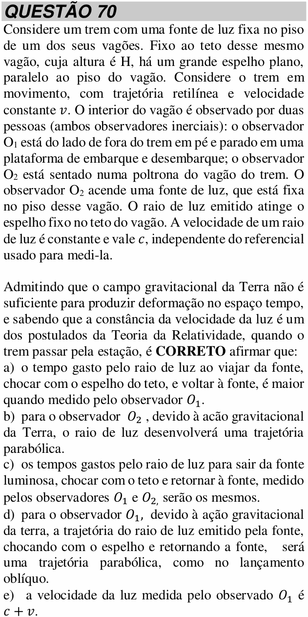 Enunciado da questão 70 de Física do UNITAU 2022 (verão)